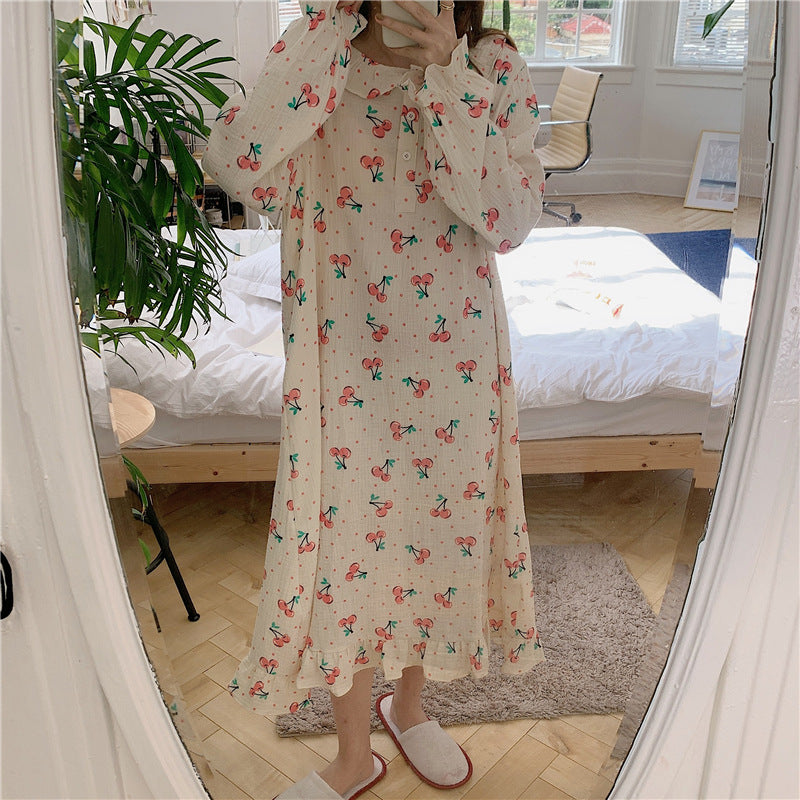 Cross-border foreign trade cherry print pajamas women new long-sleeved home service suit nightdress