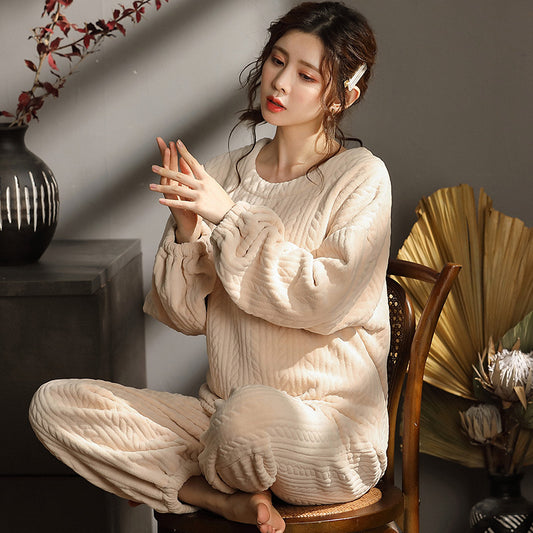Pajamas women flannel thickening plus velvet coral fleece winter student loose plus size home service two-piece suit
