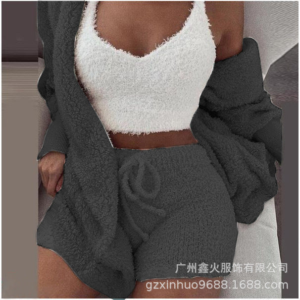 Cross-border women's plush home wear casual 3-piece pajamas long-sleeved shorts