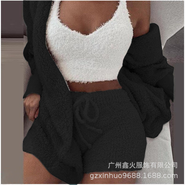 Cross-border women's plush home wear casual 3-piece pajamas long-sleeved shorts