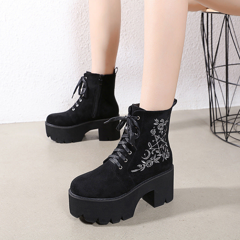 Side zipper short tube female boots waterproof platform round toe thick bottom high heel lace-up ankle boots