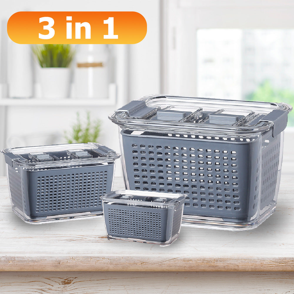 Plastic fruit and vegetable washing drain basket, kitchen refrigerator, sealed fruit and vegetable storage box