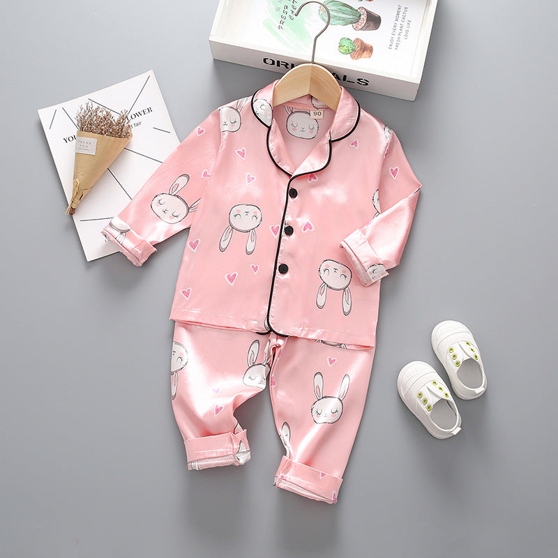 Children's long-sleeved lapel pajamas two-piece suit spring and autumn cartoon bear long-sleeved tops pants pajamas