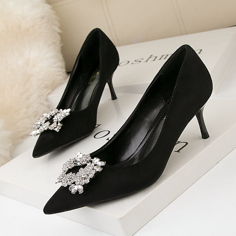 Korean fashion professional stiletto suede shallow mouth pointy sexy thin banquet high-heeled shoes