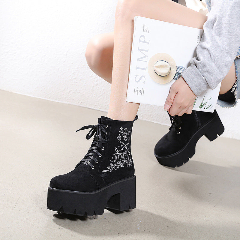 Side zipper short tube female boots waterproof platform round toe thick bottom high heel lace-up ankle boots