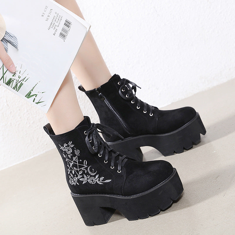 Side zipper short tube female boots waterproof platform round toe thick bottom high heel lace-up ankle boots