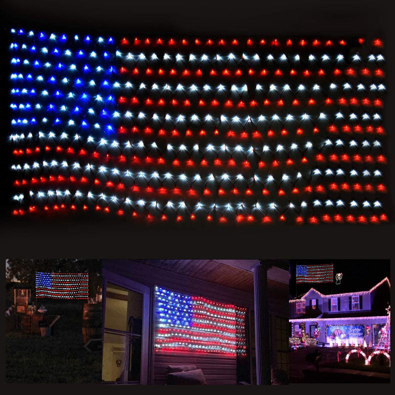 LED American Independence Day Flag Net Light String Christmas Day Creative Garden Party Solar Decorative Light