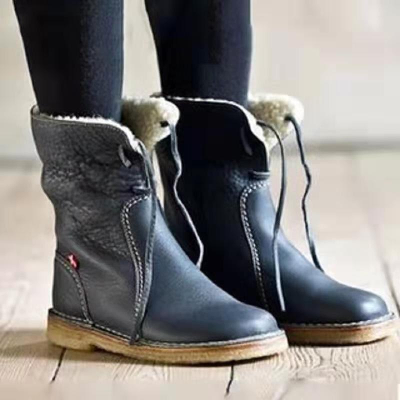 Round toe snow boots women's fleece lace flat casual short boots women's boots