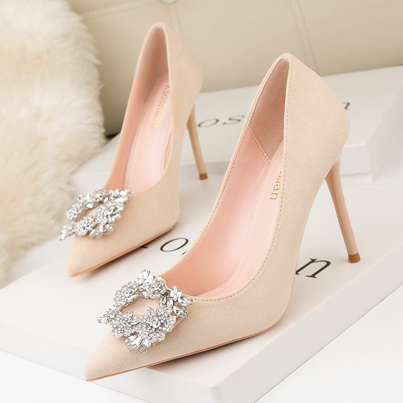 Korean fashion professional stiletto suede shallow mouth pointy sexy thin banquet high-heeled shoes