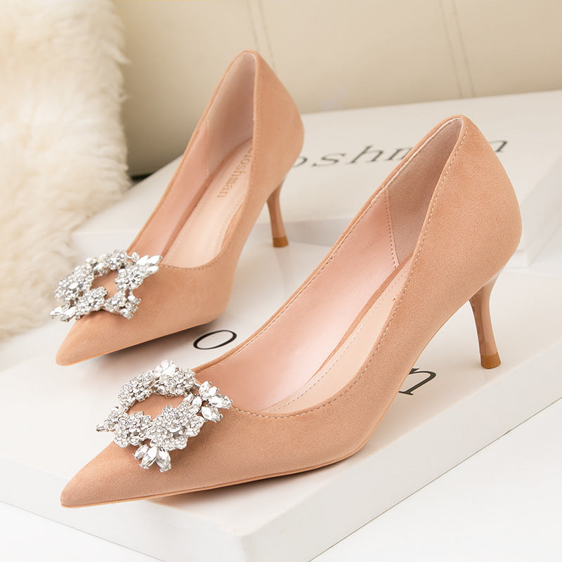 Korean fashion professional stiletto suede shallow mouth pointy sexy thin banquet high-heeled shoes