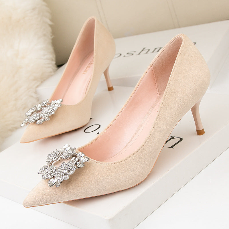 Korean fashion professional stiletto suede shallow mouth pointy sexy thin banquet high-heeled shoes