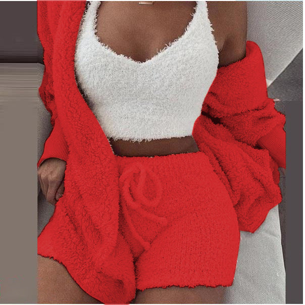 Cross-border women's plush home wear casual 3-piece pajamas long-sleeved shorts