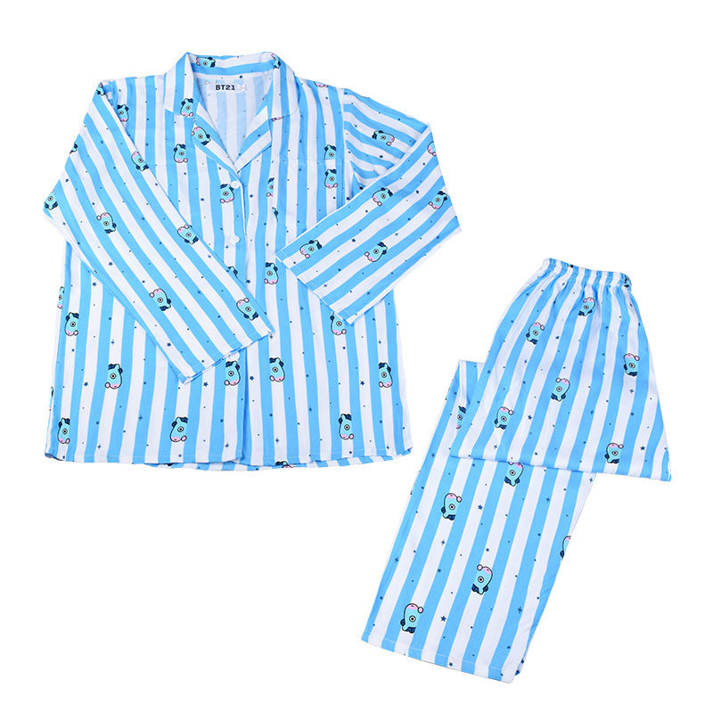 BTS pajamas cute cartoon pajamas lapel long-sleeved home wear casual wear suit men and women