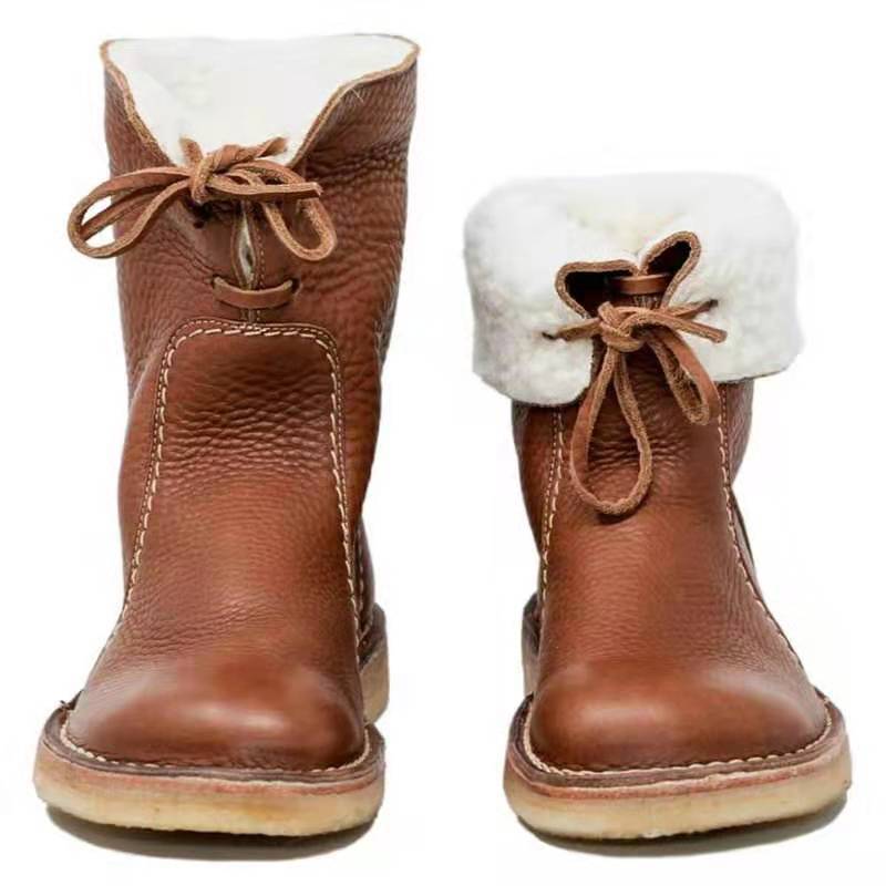 Round toe snow boots women's fleece lace flat casual short boots women's boots