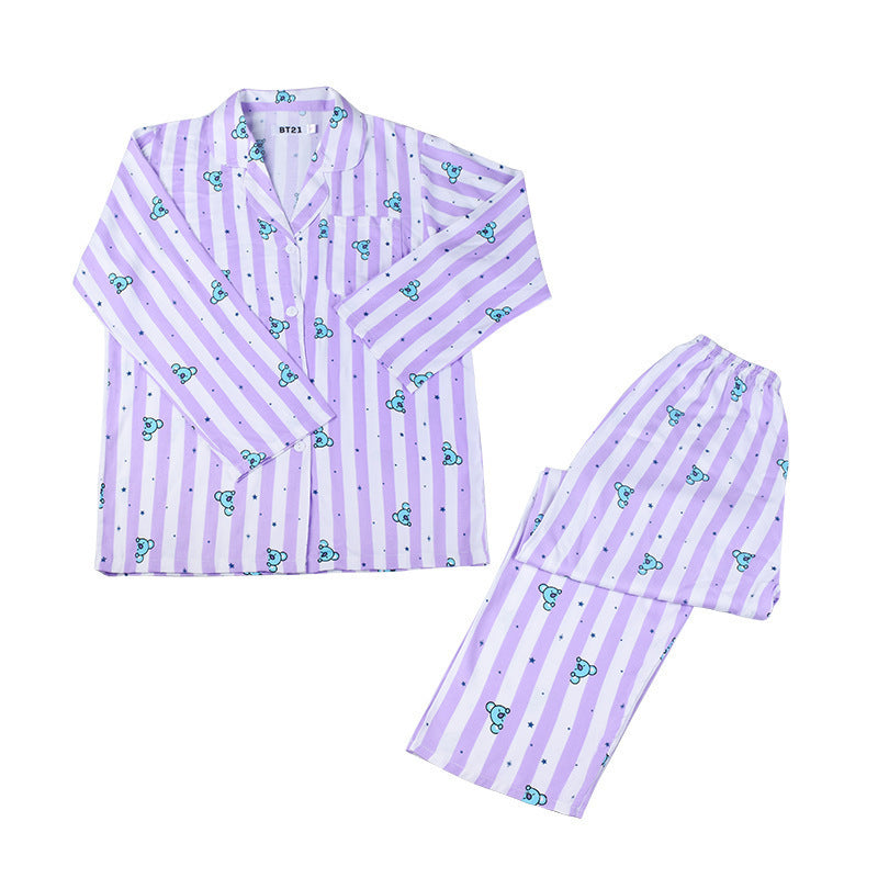 BTS pajamas cute cartoon pajamas lapel long-sleeved home wear casual wear suit men and women