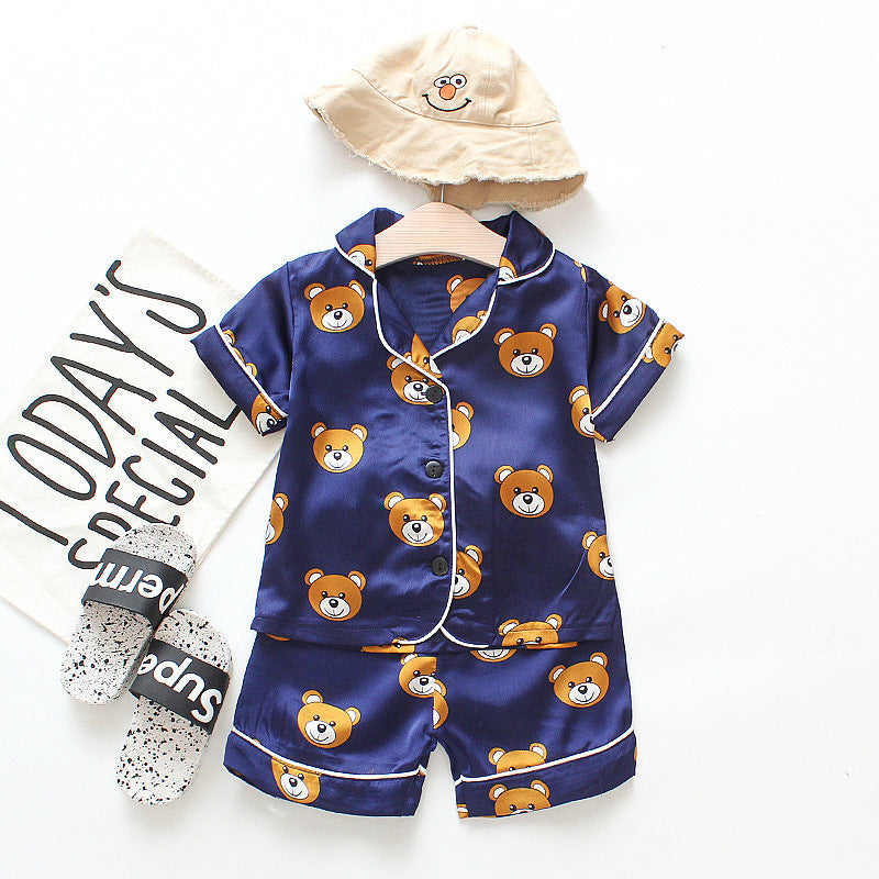 Children baby summer cool silky short-sleeved pajamas suit short-sleeved lapel button shorts