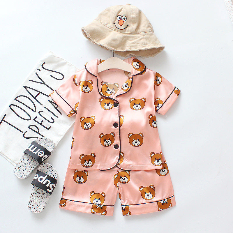 Children baby summer cool silky short-sleeved pajamas suit short-sleeved lapel button shorts
