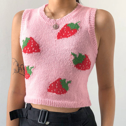 European and American sexy women's pink strawberry knitted outer sleeveless vest