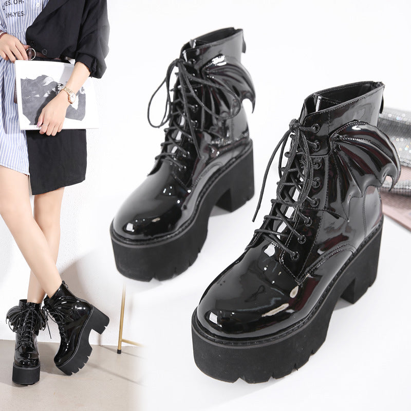 Martin boots British style high-heeled ankle boots handsome student lace up locomotive single boots patent leather brogue boots