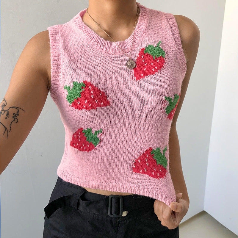 European and American sexy women's pink strawberry knitted outer sleeveless vest