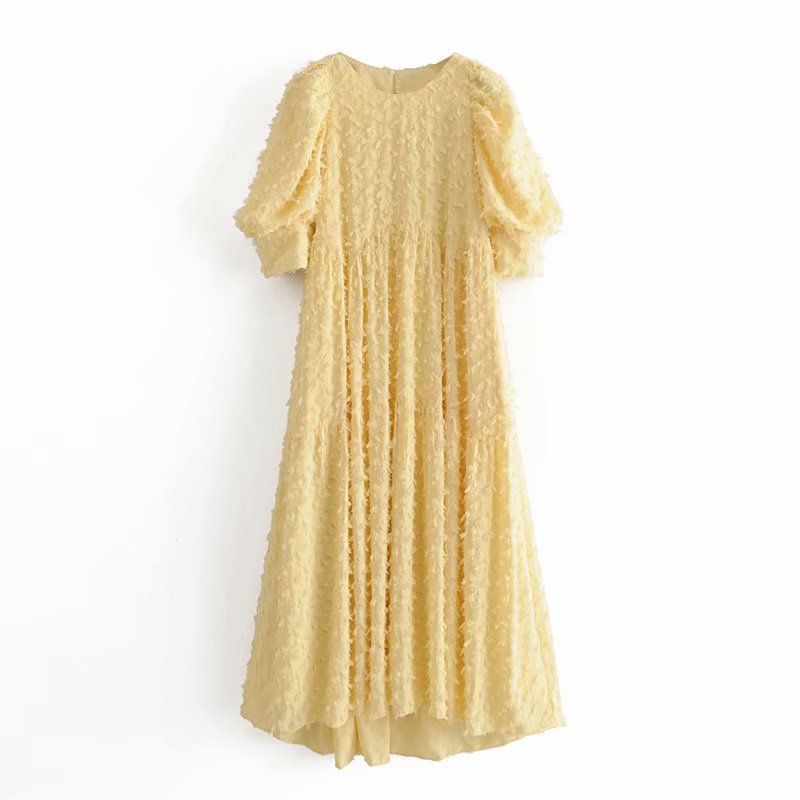 Europe and America style thin round neck fringed texture puff sleeve dress