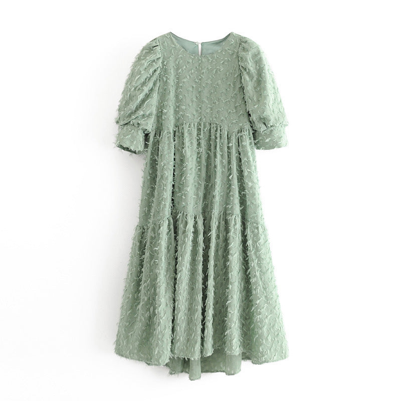 Europe and America style thin round neck fringed texture puff sleeve dress