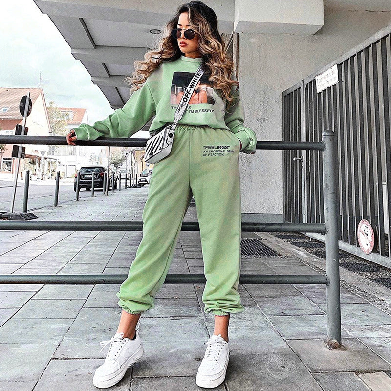 Europe and the United States new solid color slim-fitting casual pants women's elastic waistband letter printed sweatpants