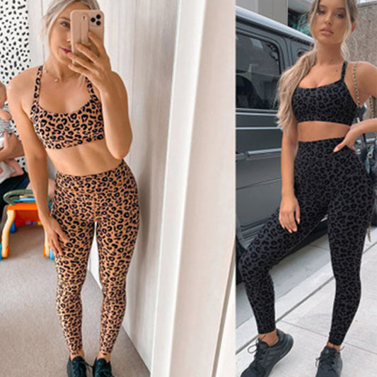New yoga clothing suit yoga tight-fitting exercise fitness leopard print suit ladies fitness clothing