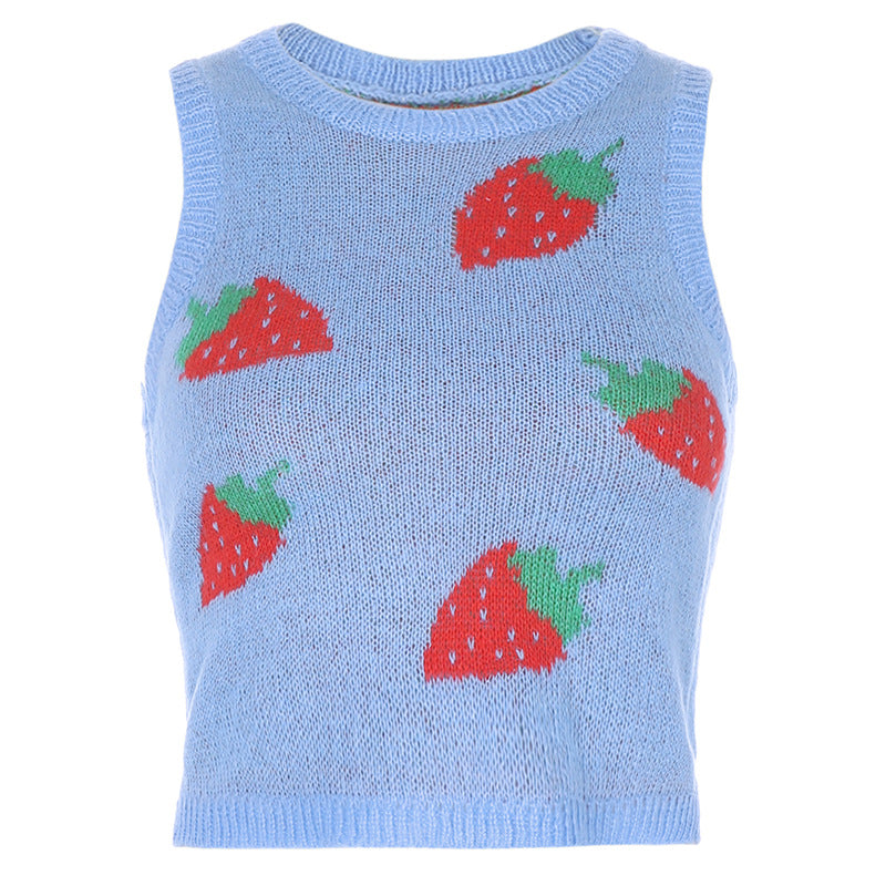 European and American sexy women's pink strawberry knitted outer sleeveless vest