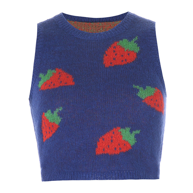 European and American sexy women's pink strawberry knitted outer sleeveless vest