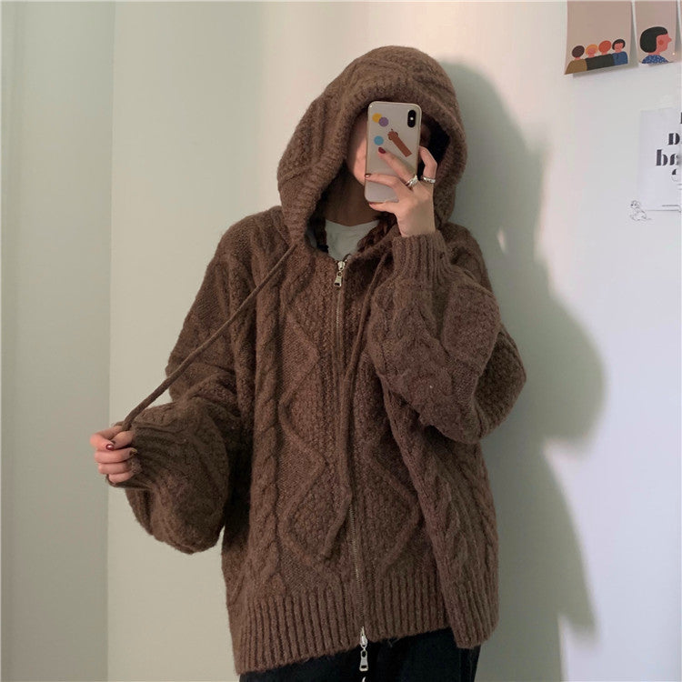 Korean version loose and thin retro twist thin solid color hooded sweater jacket