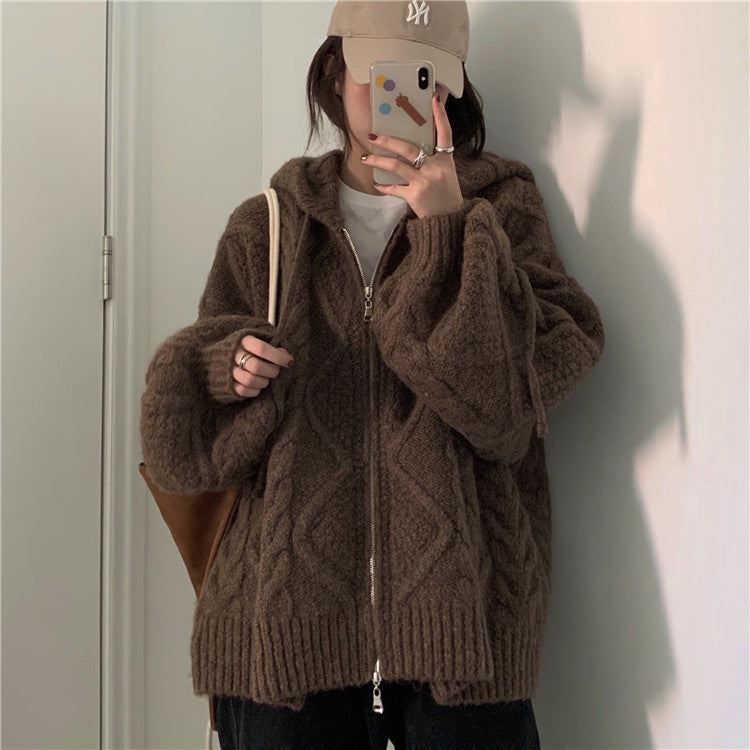 Korean version loose and thin retro twist thin solid color hooded sweater jacket