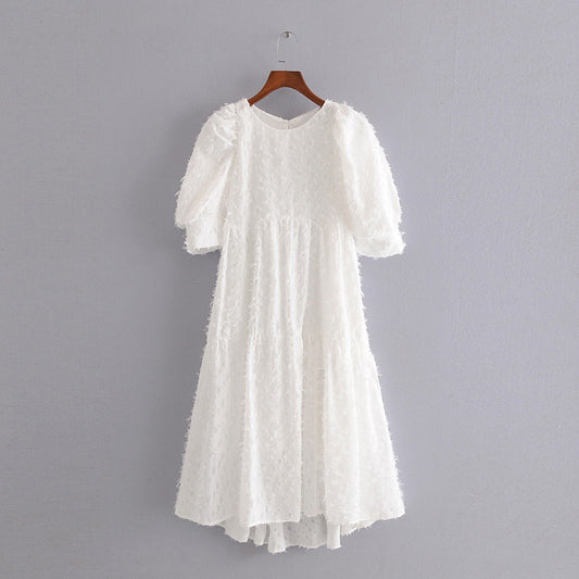 Europe and America style thin round neck fringed texture puff sleeve dress