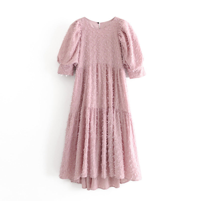 Europe and America style thin round neck fringed texture puff sleeve dress