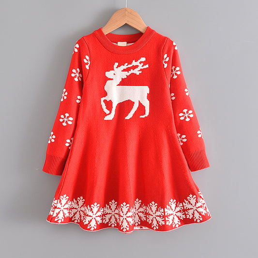 Girls sweater skirt Christmas Halloween deer long-sleeved dress autumn and winter thickened children's skirt children's clothing