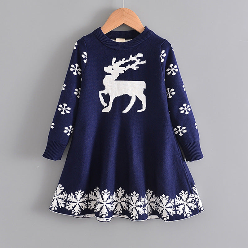 Girls sweater skirt Christmas Halloween deer long-sleeved dress autumn and winter thickened children's skirt children's clothing