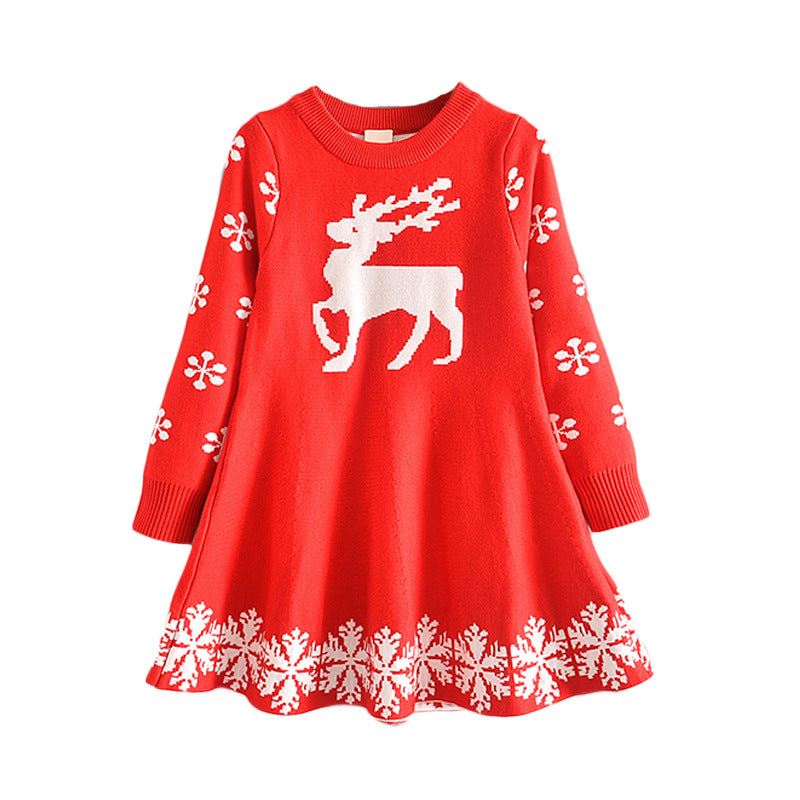 Girls sweater skirt Christmas Halloween deer long-sleeved dress autumn and winter thickened children's skirt children's clothing