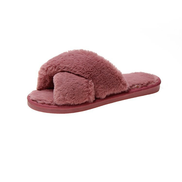 Plush slippers women new open-toed flat-bottom home women's slippers cross-hair shoes