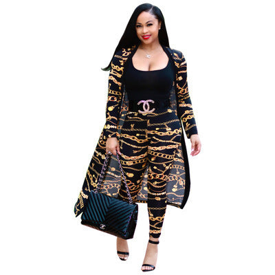 European and American cross-border exclusive long-sleeved printed jacket cloak leggings two-piece