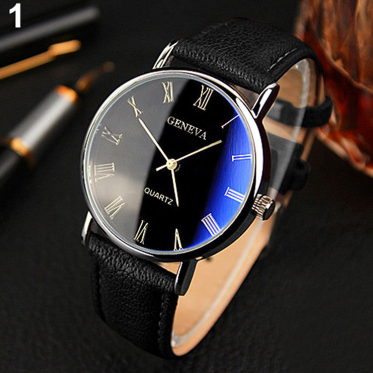 Geneva Men's Watch Belt Watch Fashion Blu-ray Roman Literal Business Men's Watch Brand Quartz Watch