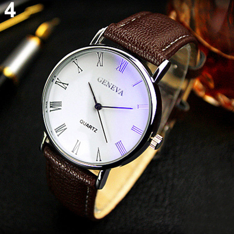 Geneva Men's Watch Belt Watch Fashion Blu-ray Roman Literal Business Men's Watch Brand Quartz Watch