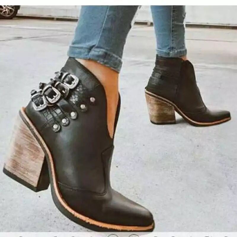 New women's shoes rivet five belt buckle wooden root cross-border Martin short boots