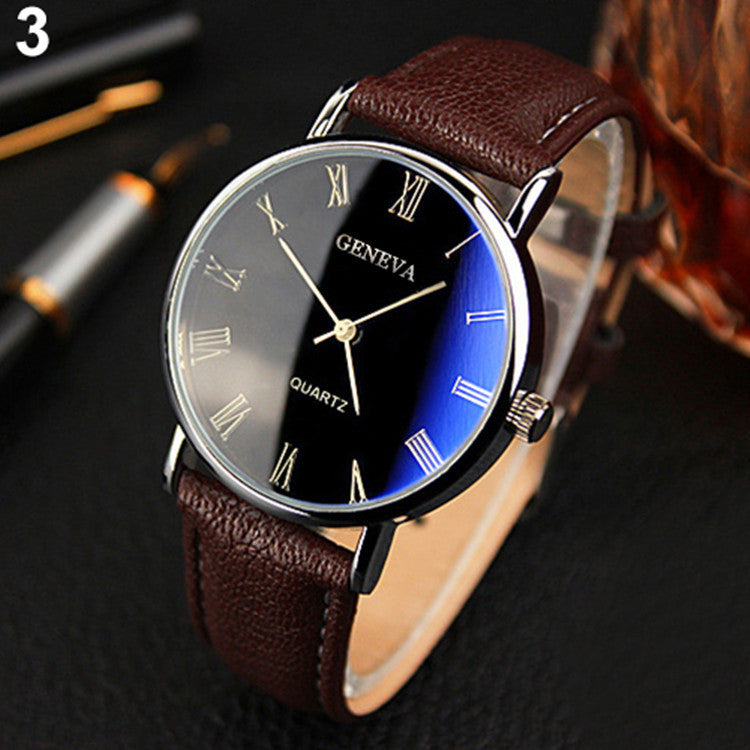 Geneva Men's Watch Belt Watch Fashion Blu-ray Roman Literal Business Men's Watch Brand Quartz Watch