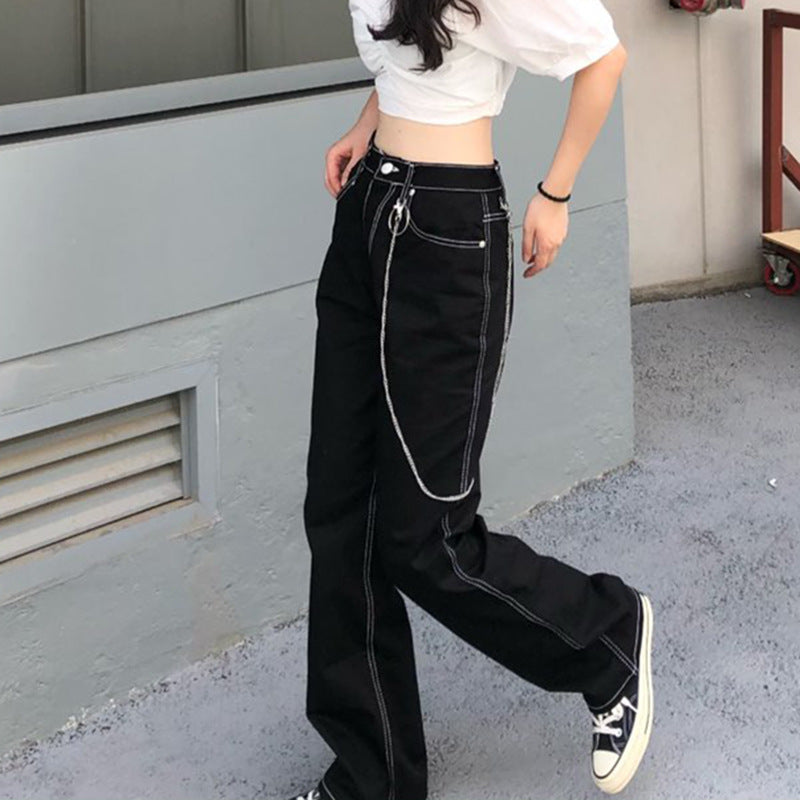 European and American jeans women's fashion high waist black loose basic straight casual pants