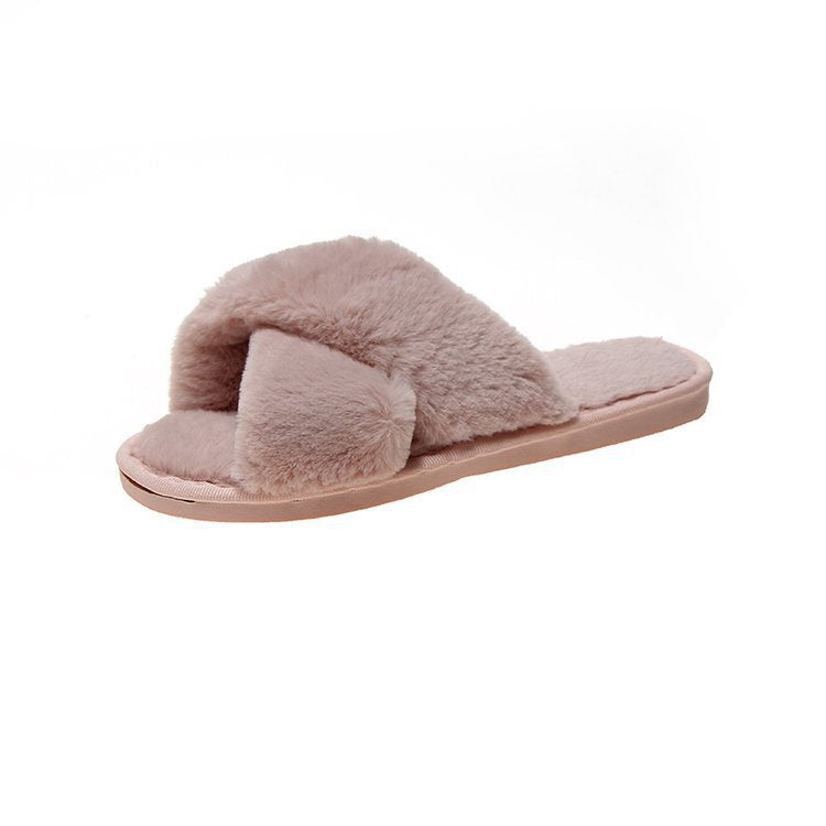 Plush slippers women new open-toed flat-bottom home women's slippers cross-hair shoes