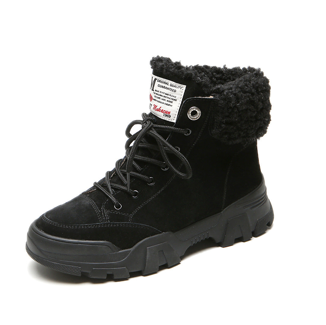 Snow boots female British style leather Martin boots female students plus velvet cotton shoes