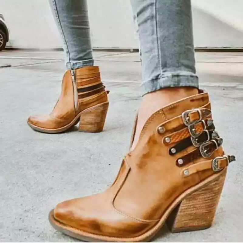 New women's shoes rivet five belt buckle wooden root cross-border Martin short boots