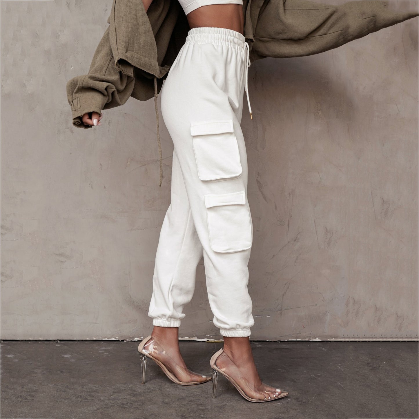 European and American women's fashion casual solid color pockets drawstring trousers sports pants casual pants