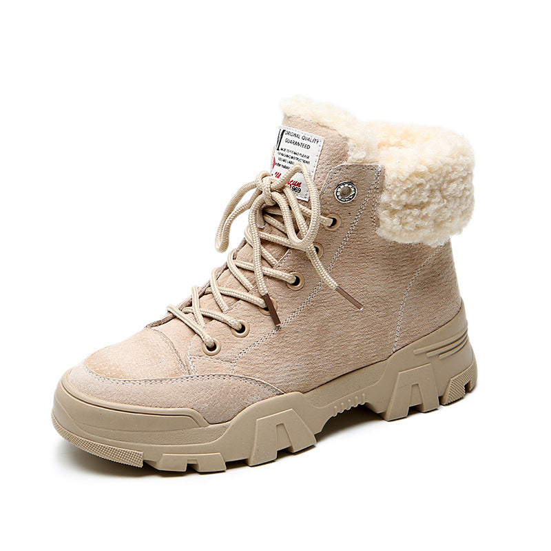 Snow boots female British style leather Martin boots female students plus velvet cotton shoes