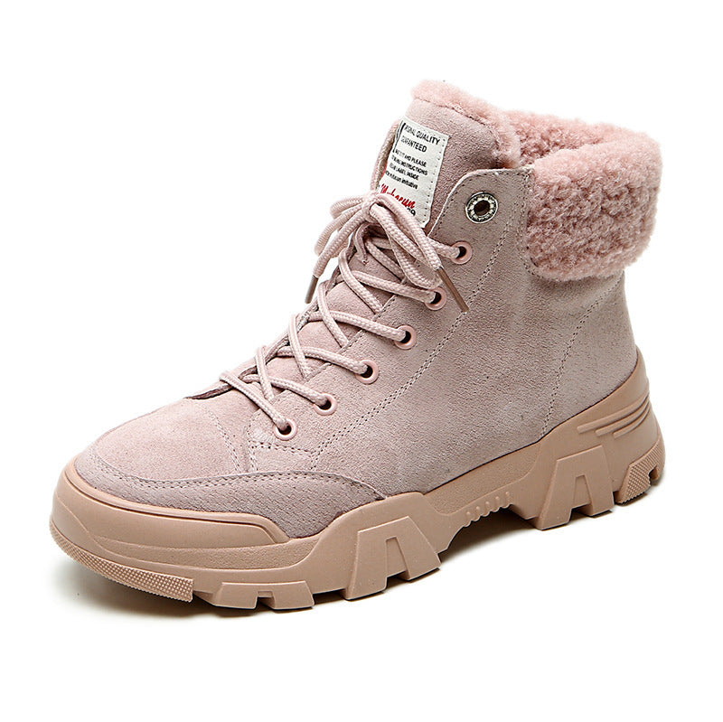 Snow boots female British style leather Martin boots female students plus velvet cotton shoes